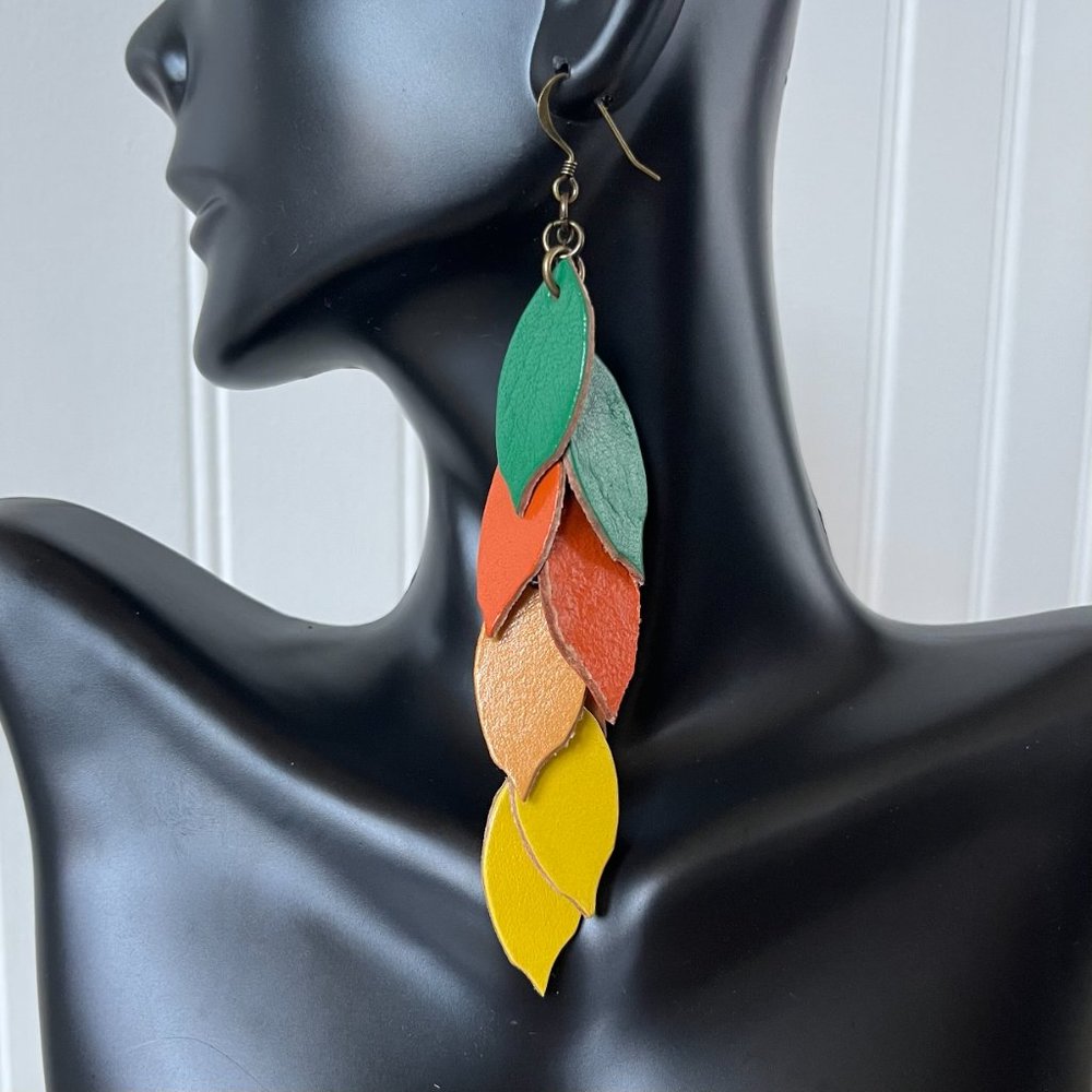 Leather & brass leaf dangle cluster earrings